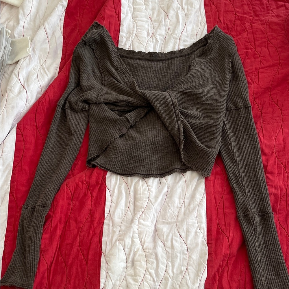 We The Free Off-the-Shoulder Ribbed Cropped Sweater - Brown